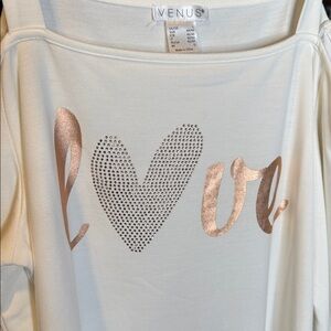 Venus White “Love” Cold-Shoulder Top with Metallic Heart (Size Large)